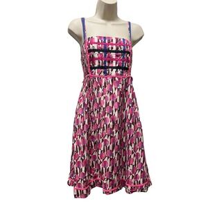 Free People Vintage Boho Smocked Pink Geometric Patterned Summer Dress Size 4